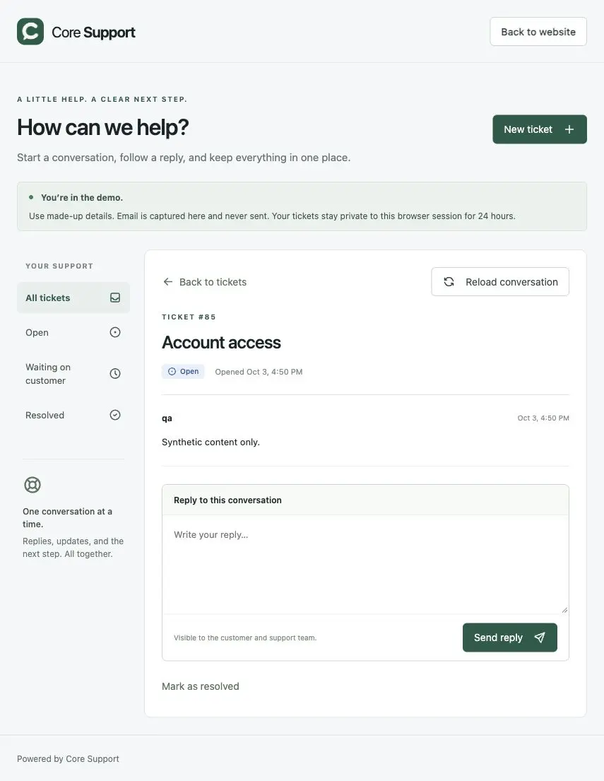 Core Support's customer portal with an Account access conversation and reply form