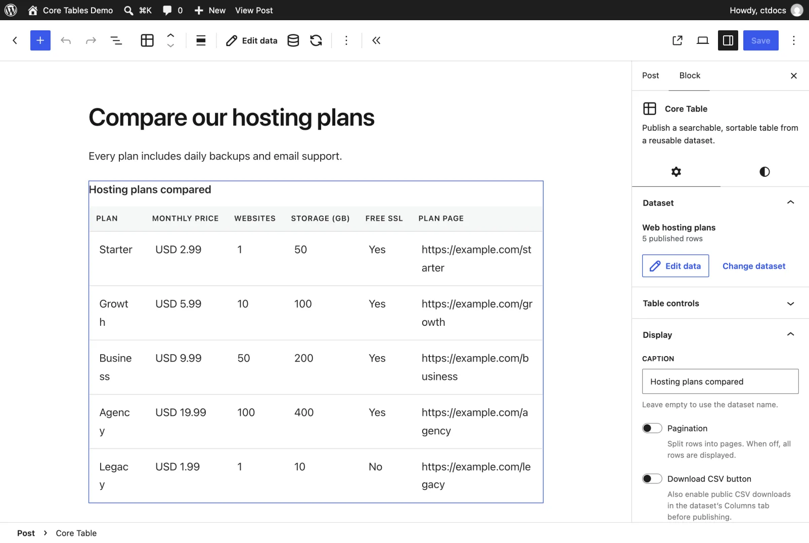 A Core Table block in the editor with its dataset and table settings in the sidebar