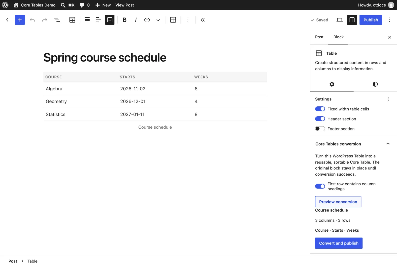 The Core Tables conversion panel in the block settings of a WordPress Table block