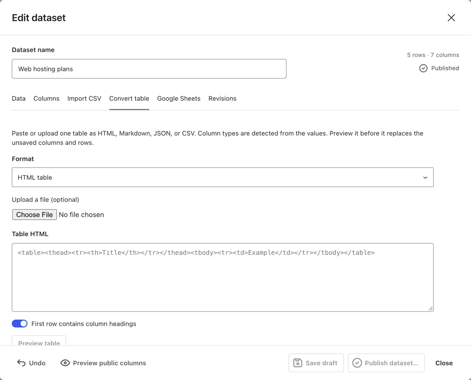 The Convert table tab with the format picker, a pasted table and the preview