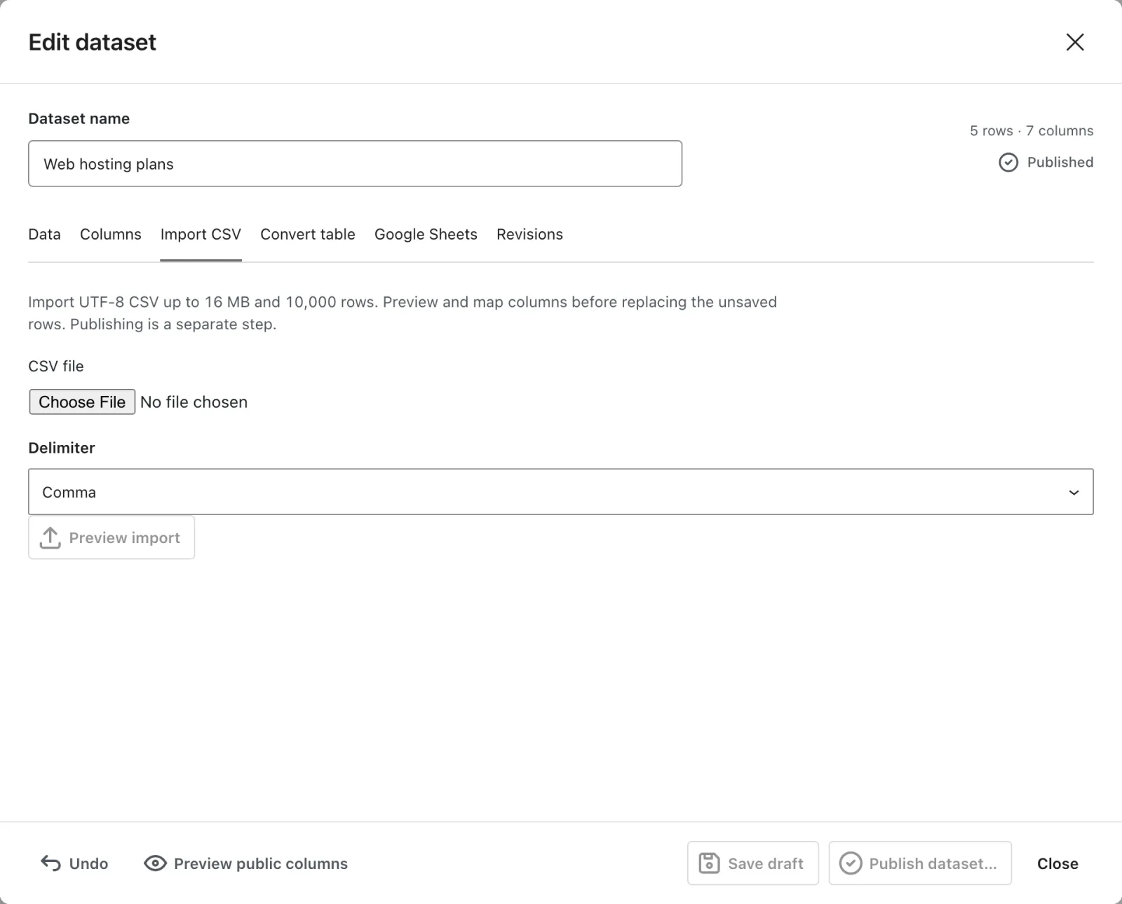 The Import CSV tab with the file picker, delimiter and column mapping