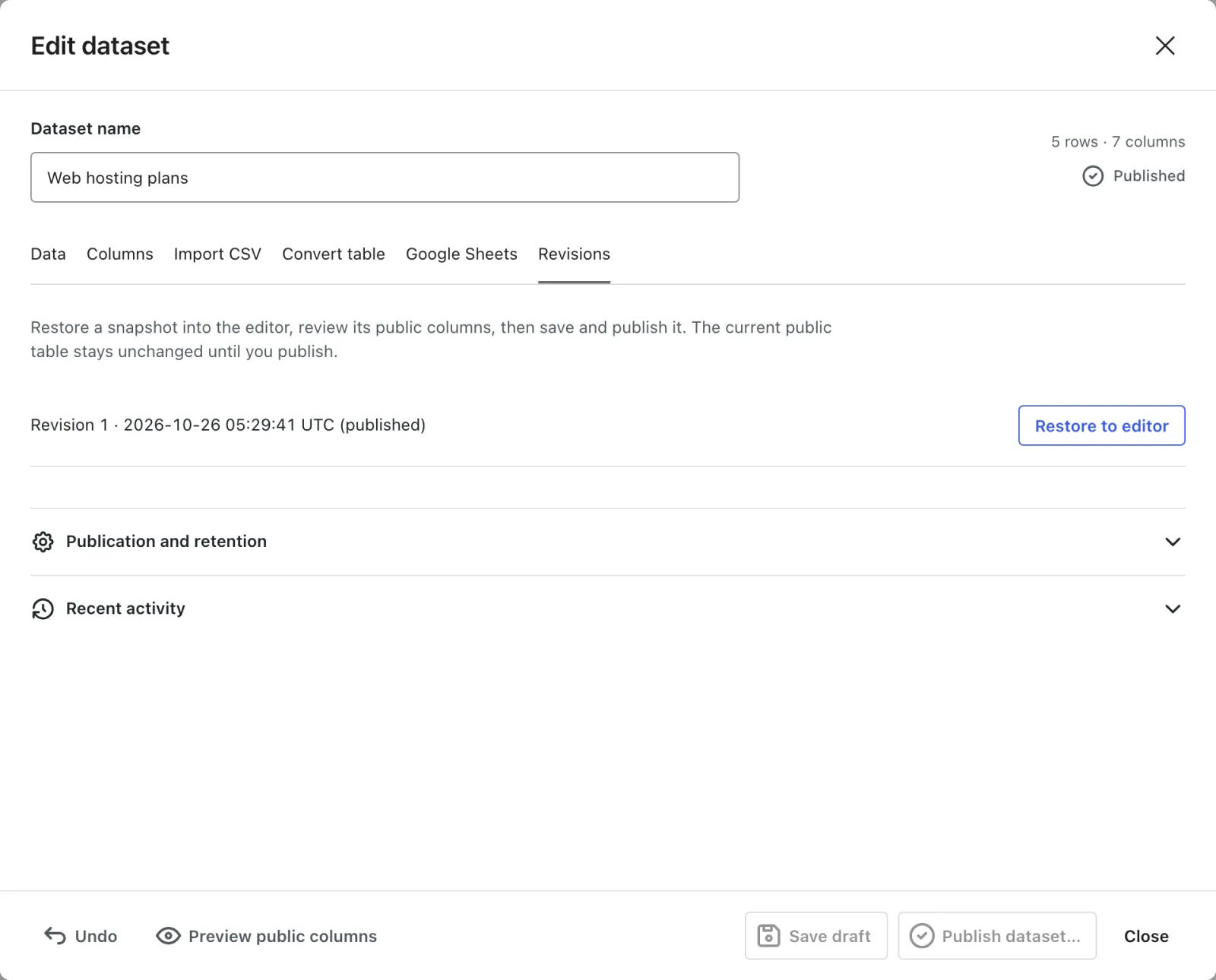 The Revisions tab with saved revisions, the published one marked, and Restore to editor buttons