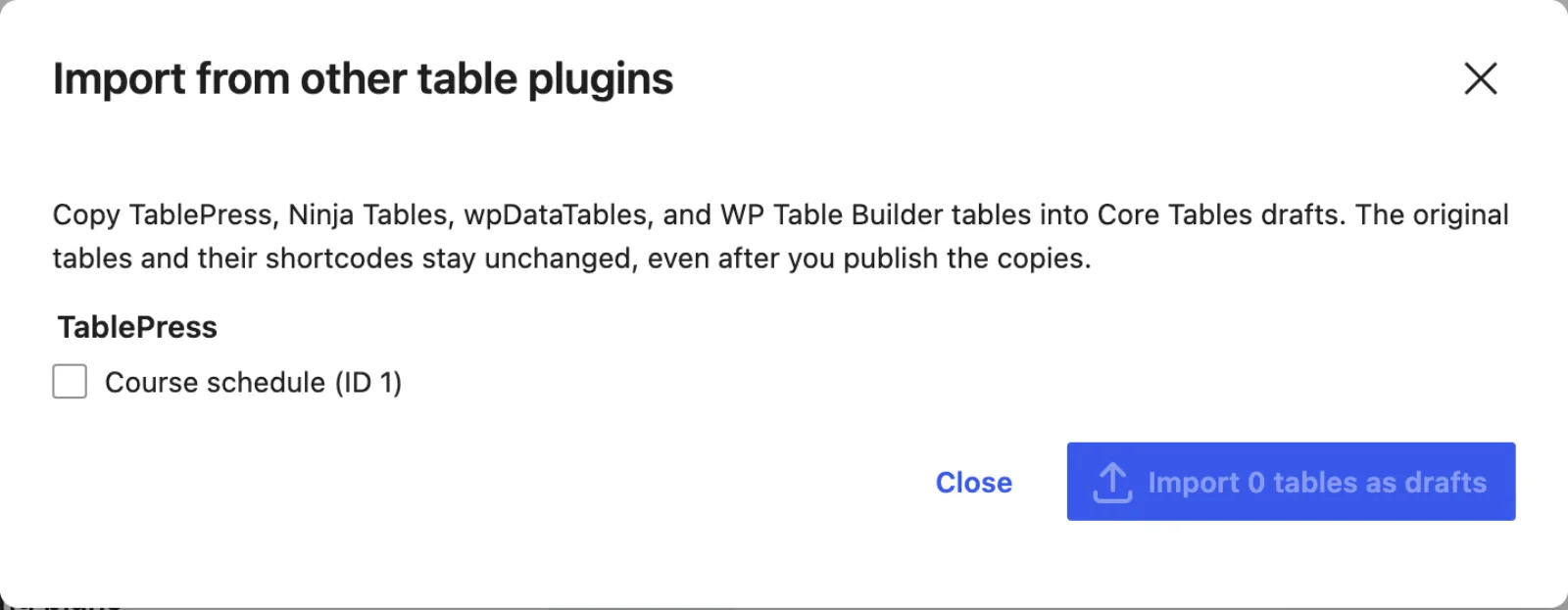 The Import from other table plugins window listing a TablePress table with a checkbox