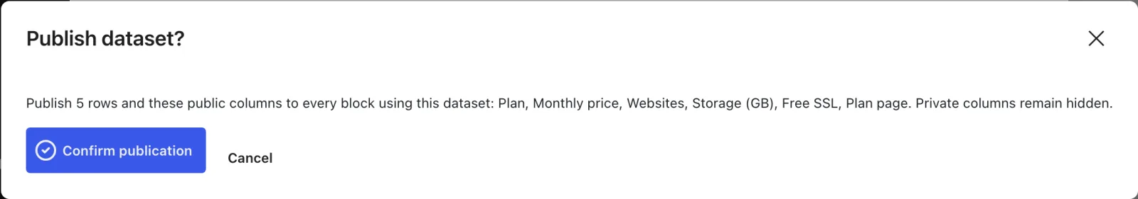 The Publish dataset dialog listing the row count and the public columns