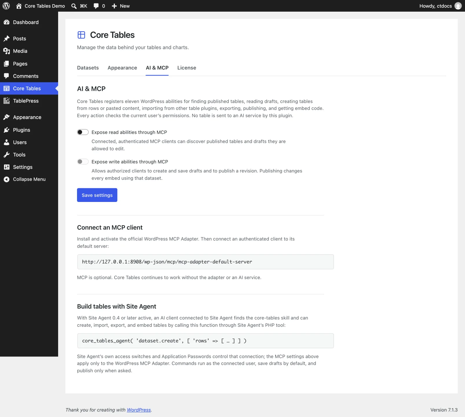 The AI & MCP tab with the read and write MCP switches and the connection details