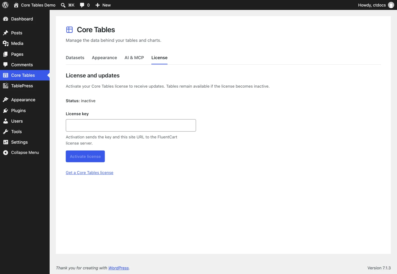The Core Tables License tab with the license status, key field and activation button