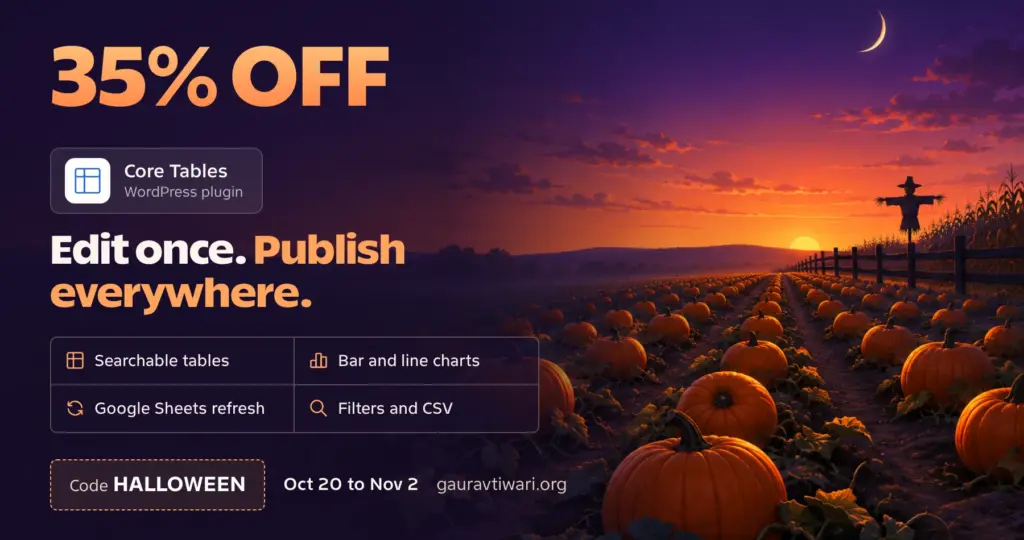 Core Tables Halloween sale banner: searchable tables, charts and Google Sheets refresh, 35% off with code HALLOWEEN, October 20 to November 2