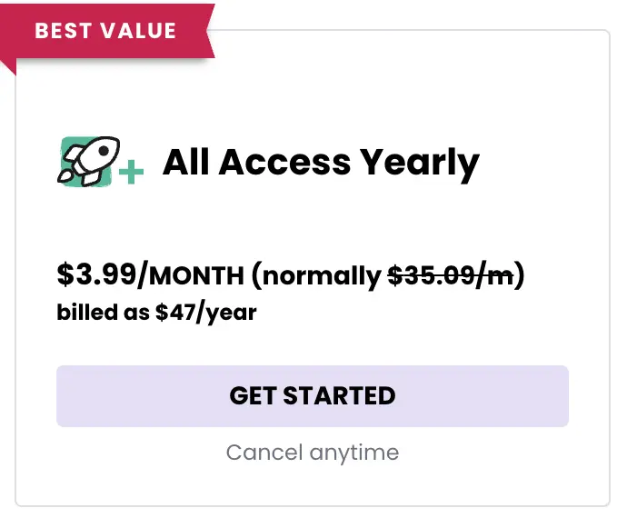 Creative Fabrica All Access Yearly card showing $3.99 a month, normally $35.09, billed as $47 a year