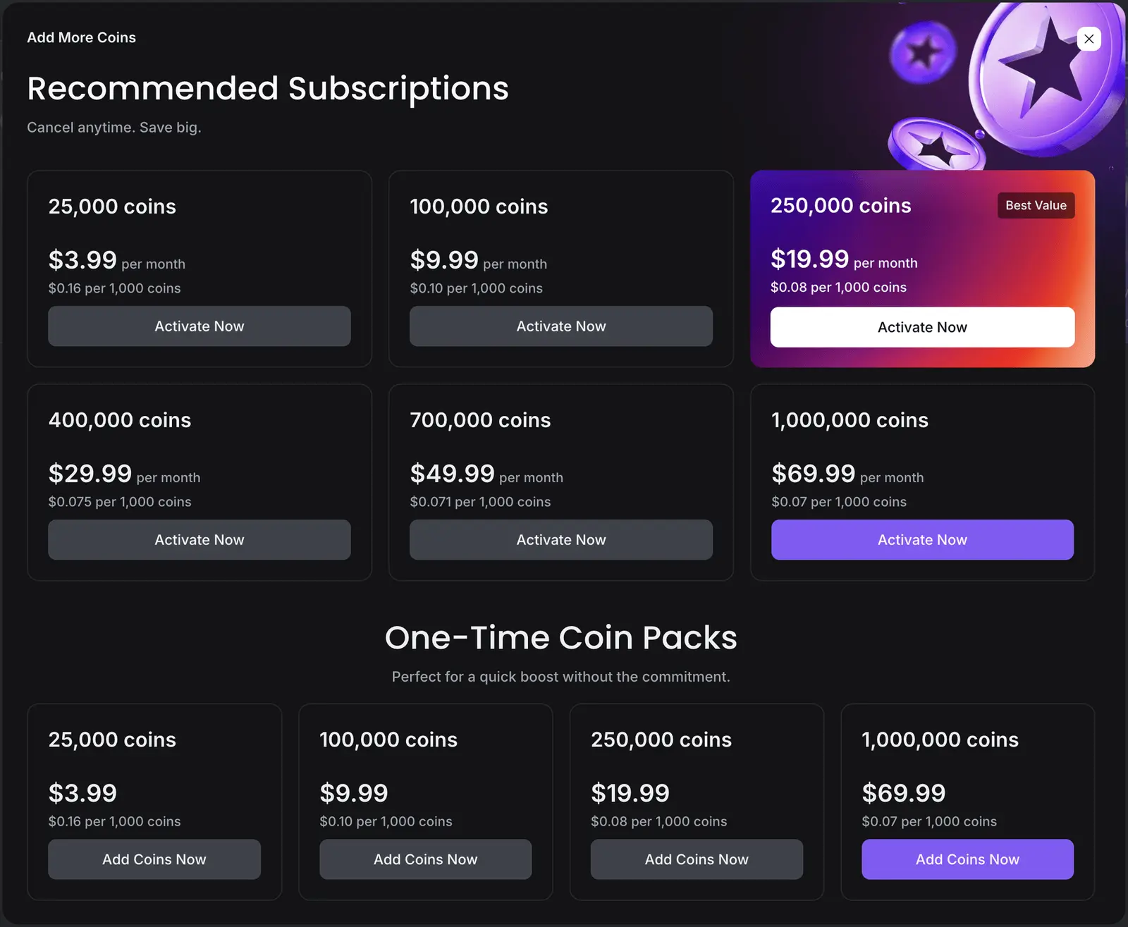 Studio AI Add More Coins window with monthly coin subscriptions from 25,000 coins for $3.99 to 1,000,000 coins for $69.99 and matching one-time coin packs