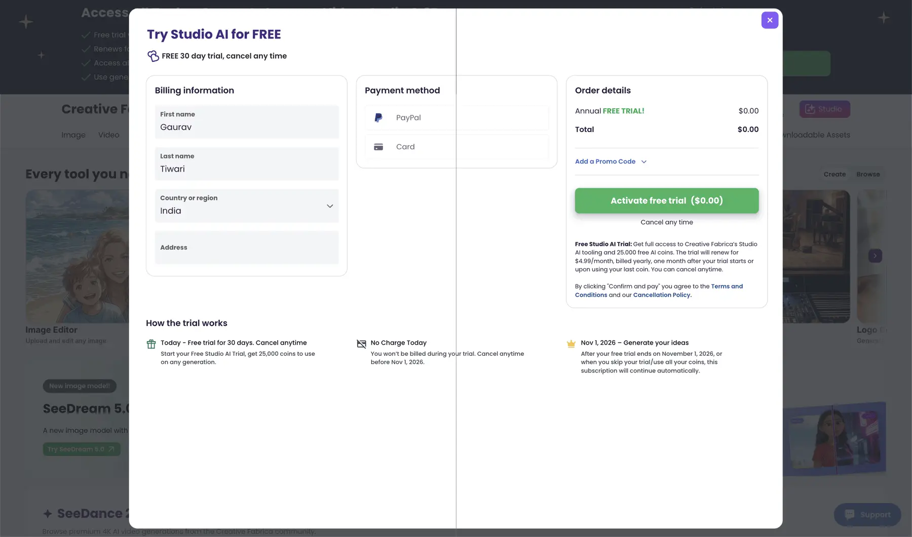 Creative Fabrica homepage covered by the Try Studio AI for FREE checkout popup