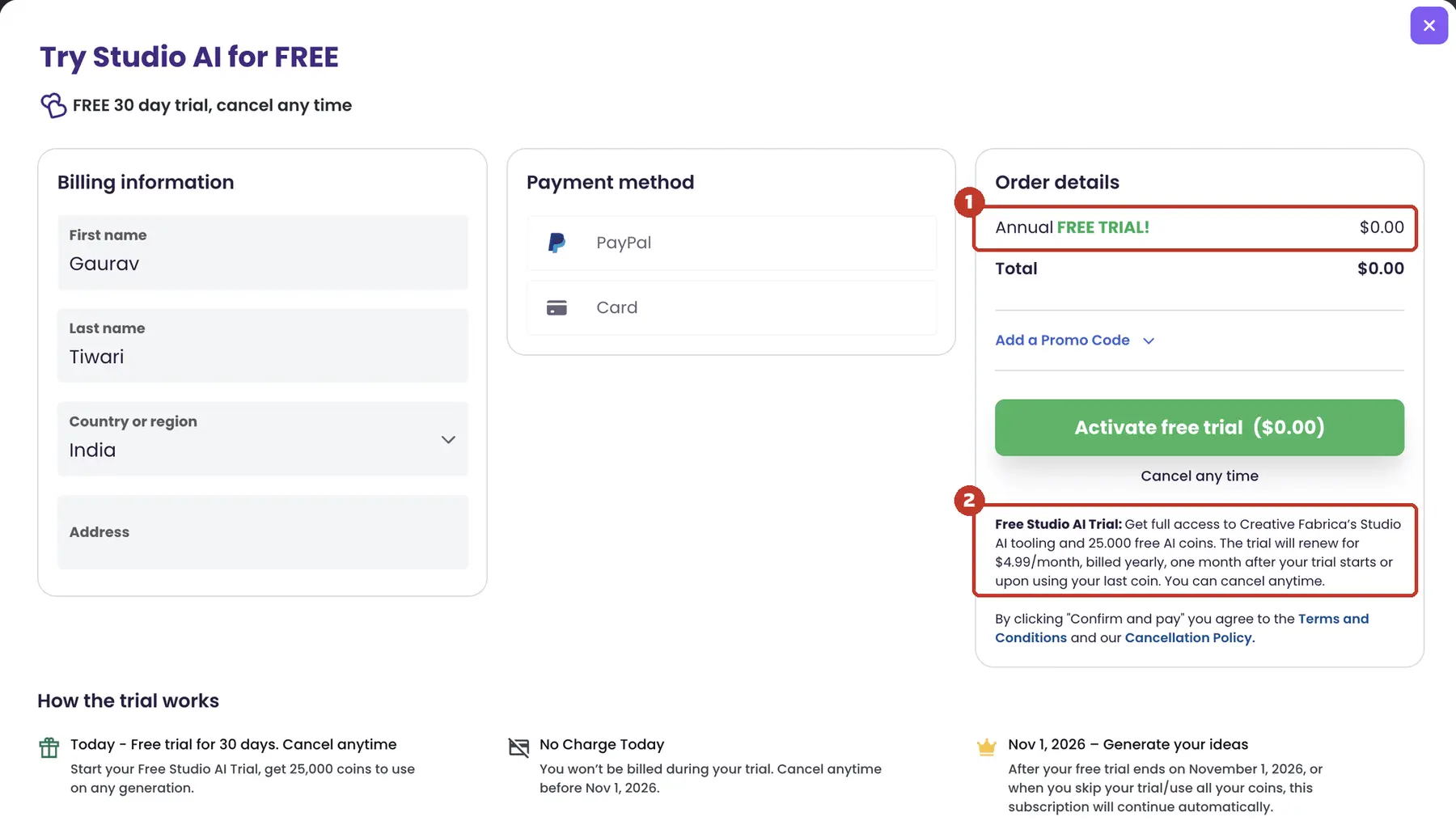 Studio AI trial checkout with Annual FREE TRIAL! at $0.00 and small print saying the trial renews at $4.99 a month billed yearly