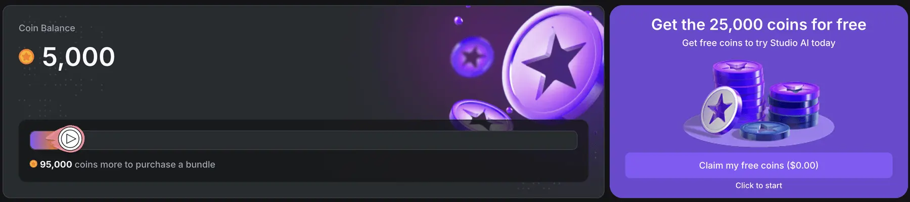 Studio AI coin page showing a balance of 5,000 coins next to a card offering 25,000 coins for free