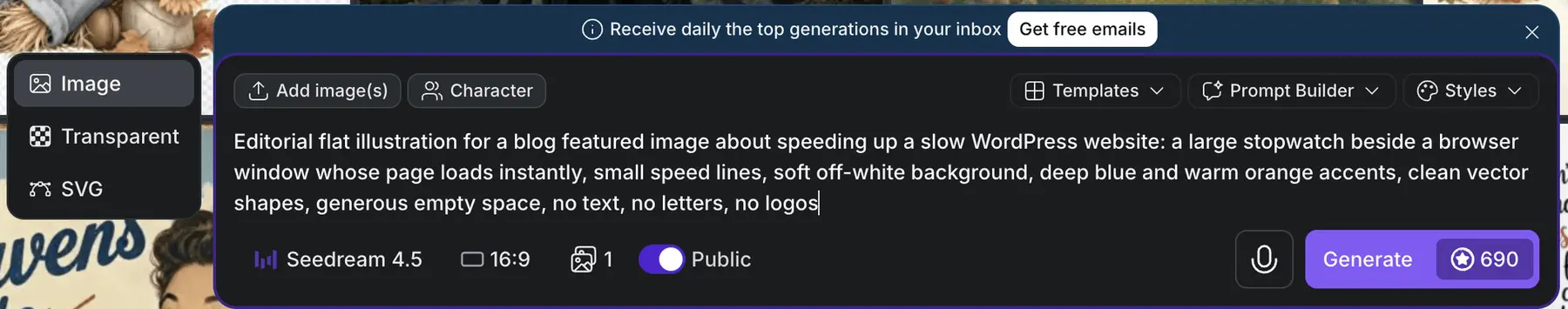Studio AI image generator prompt bar with Seedream 4.5 selected, a 16:9 ratio, the Public toggle on and a Generate button showing 690 coins