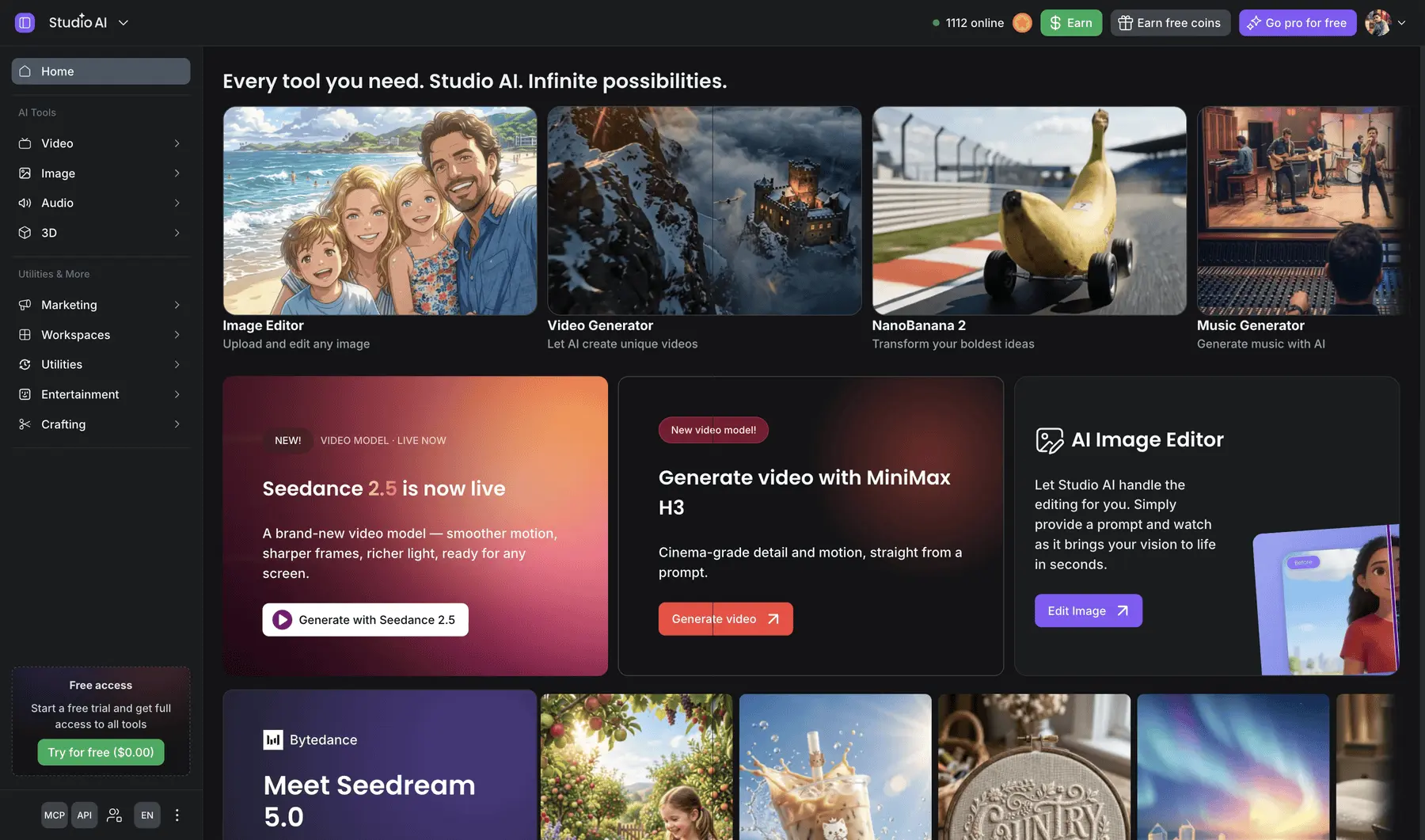 Creative Fabrica Studio AI home screen with the tool sidebar, featured models and upgrade buttons in the header