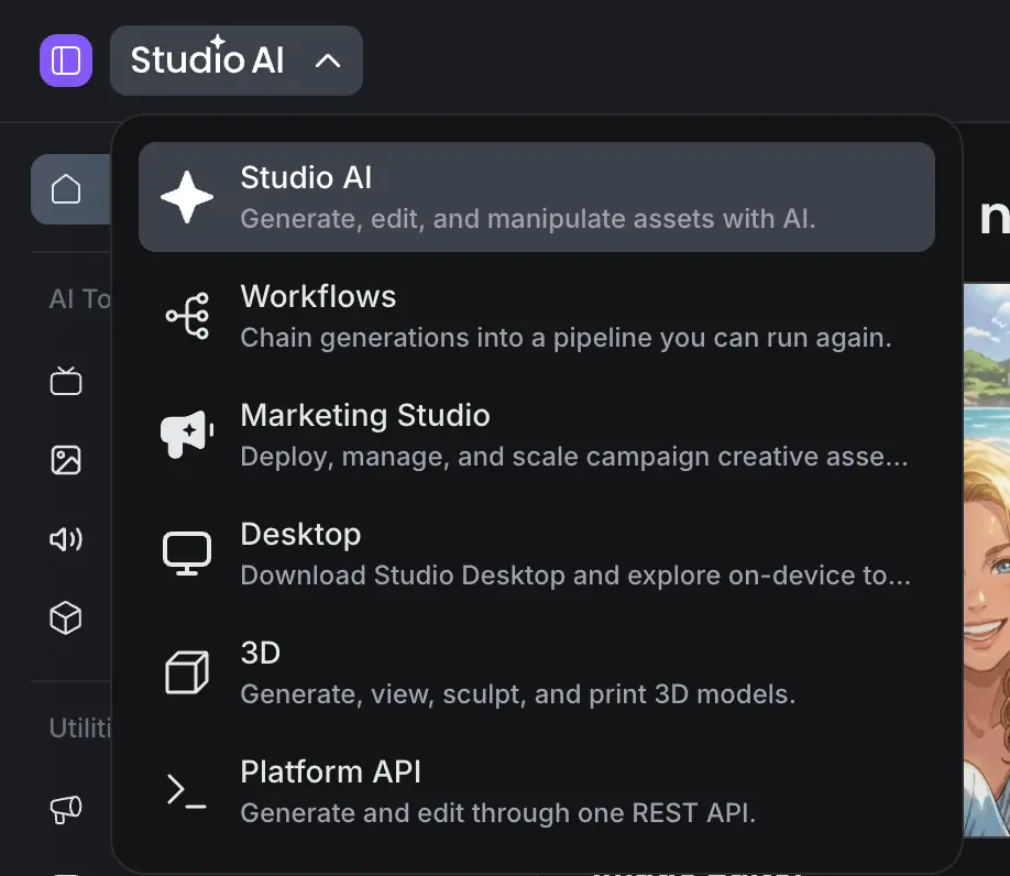 Studio AI product menu listing Studio AI, Workflows, Marketing Studio, Desktop, 3D and Platform API