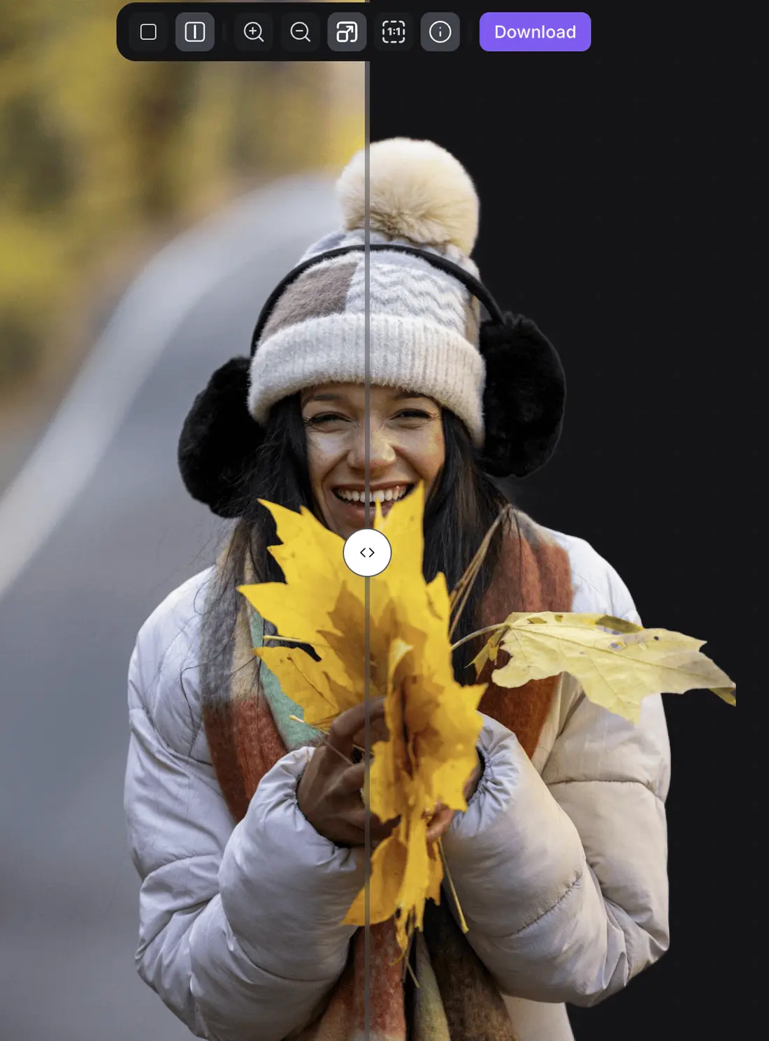 Creative Fabrica background remover comparison of a woman in a bobble hat holding autumn leaves, original photo on the left and transparent cut-out on the right