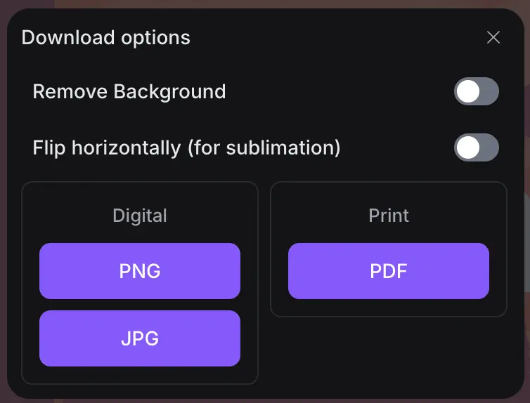 Studio Designer download options with Remove Background and Flip horizontally for sublimation switches and PNG, JPG and PDF buttons