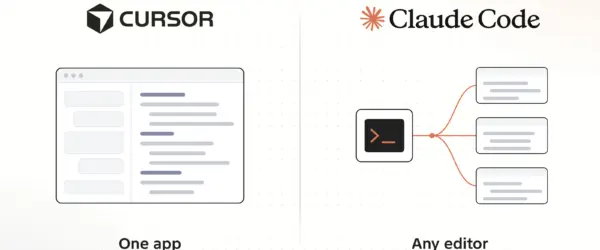 Cursor logo over one app window holding the agent and the editor, and the Claude Code logo over one agent connected to three separate editors