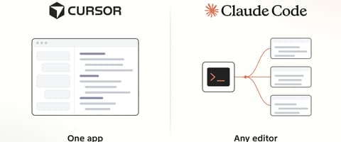 Cursor logo over one app window holding the agent and the editor, and the Claude Code logo over one agent connected to three separate editors