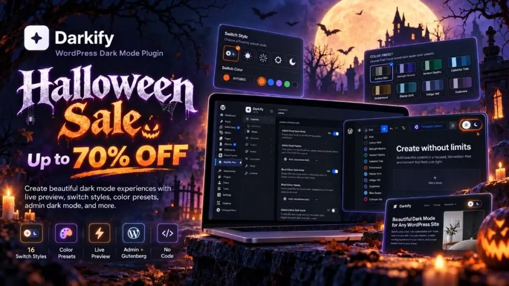 Darkify Halloween sale banner advertising up to 70% off.