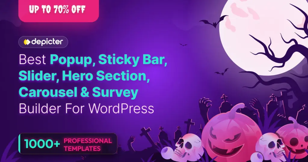 Depicter Halloween sale banner: popup, sticky bar, slider, hero section, carousel and survey builder for WordPress, up to 70% off