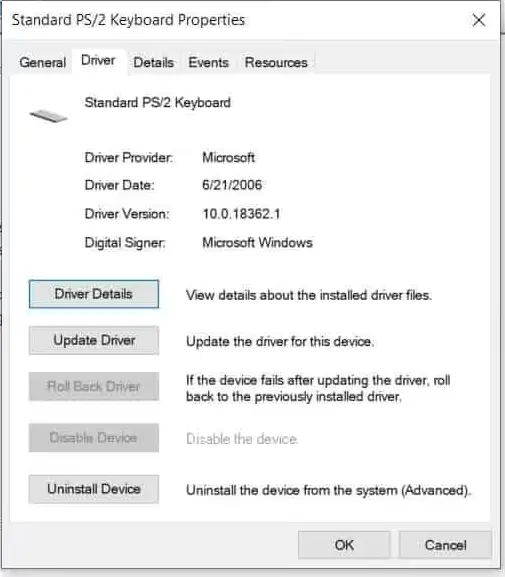 Standard PS/2 Keyboard properties showing Disable Device grayed out while Uninstall Device remains available.