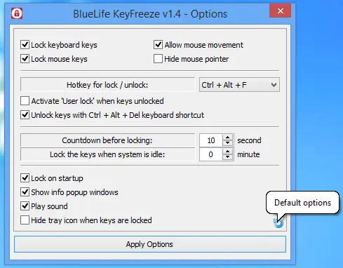 BlueLife KeyFreeze options showing the Ctrl Alt F lock and unlock shortcut, keyboard and mouse controls, and countdown before locking.