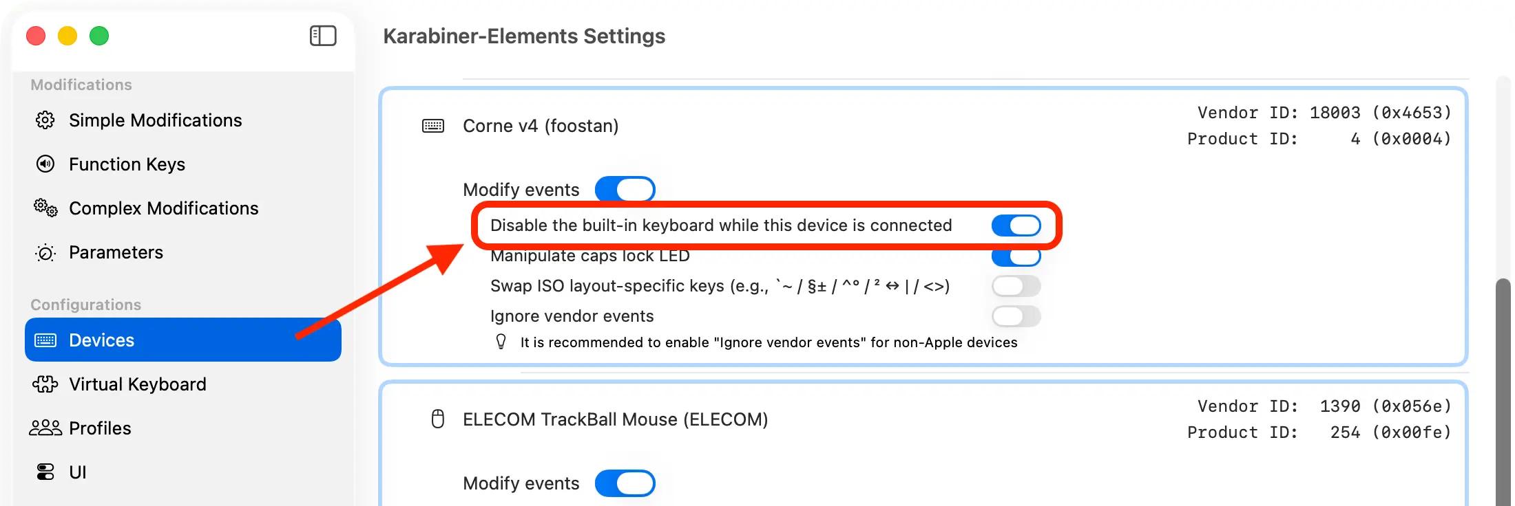 Karabiner-Elements Devices settings with Disable the built-in keyboard while this device is connected enabled for an external keyboard.