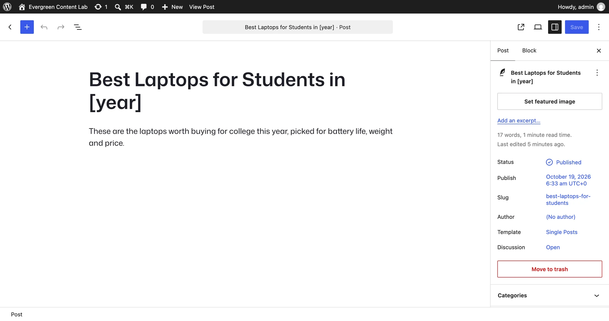 A post title in the WordPress editor containing the year shortcode