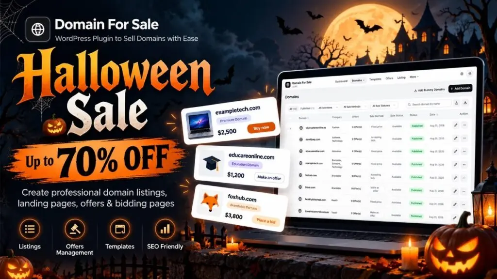 Domain For Sale Halloween sale banner advertising up to 70% off.