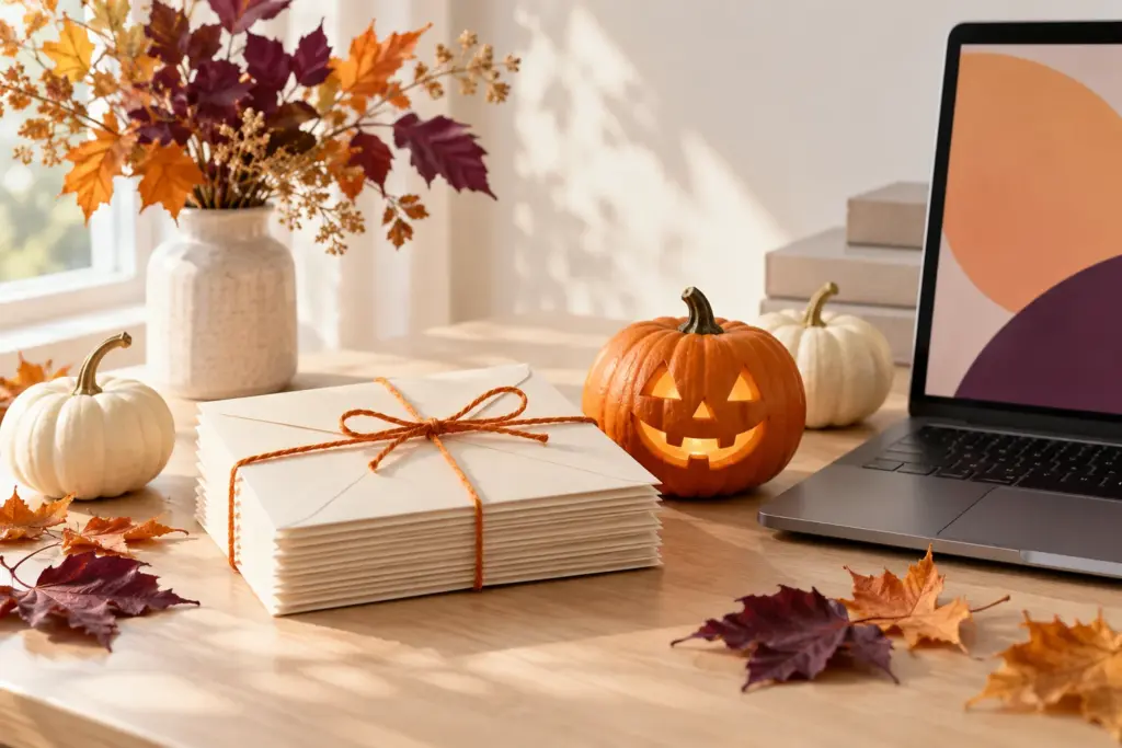 Stack of cream envelopes tied with orange twine beside a carved jack-o'-lantern and an open laptop on a sunlit desk