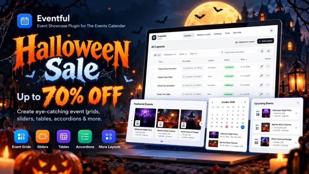 Eventful Halloween sale banner advertising up to 70% off.