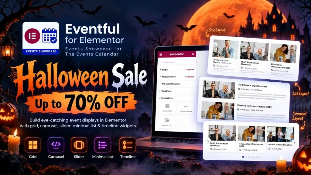 Eventful for Elementor Halloween sale banner advertising up to 70% off.