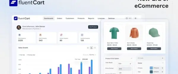 FluentCart dashboard with sales chart and product grid settings