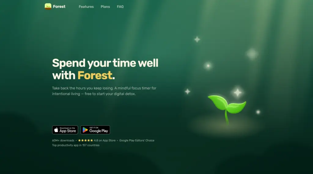 Forest focus timer app homepage with a growing sapling