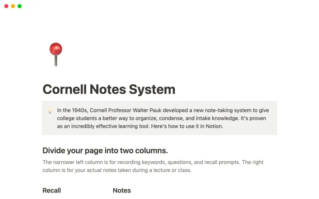 Cornell notes system template explaining Walter Pauk's method, with Recall and Notes columns