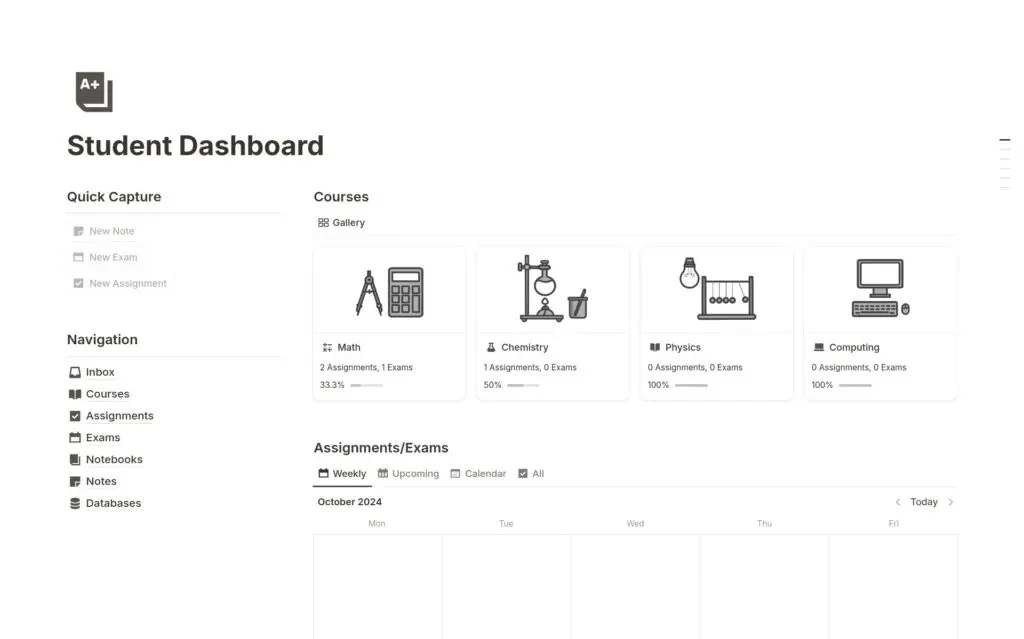 Student Dashboard template with quick capture buttons, course cards with progress and a weekly assignments and exams calendar