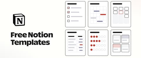 Notion logo beside six template layouts: a checklist, a calendar, a board, a table, a habit grid and a gallery