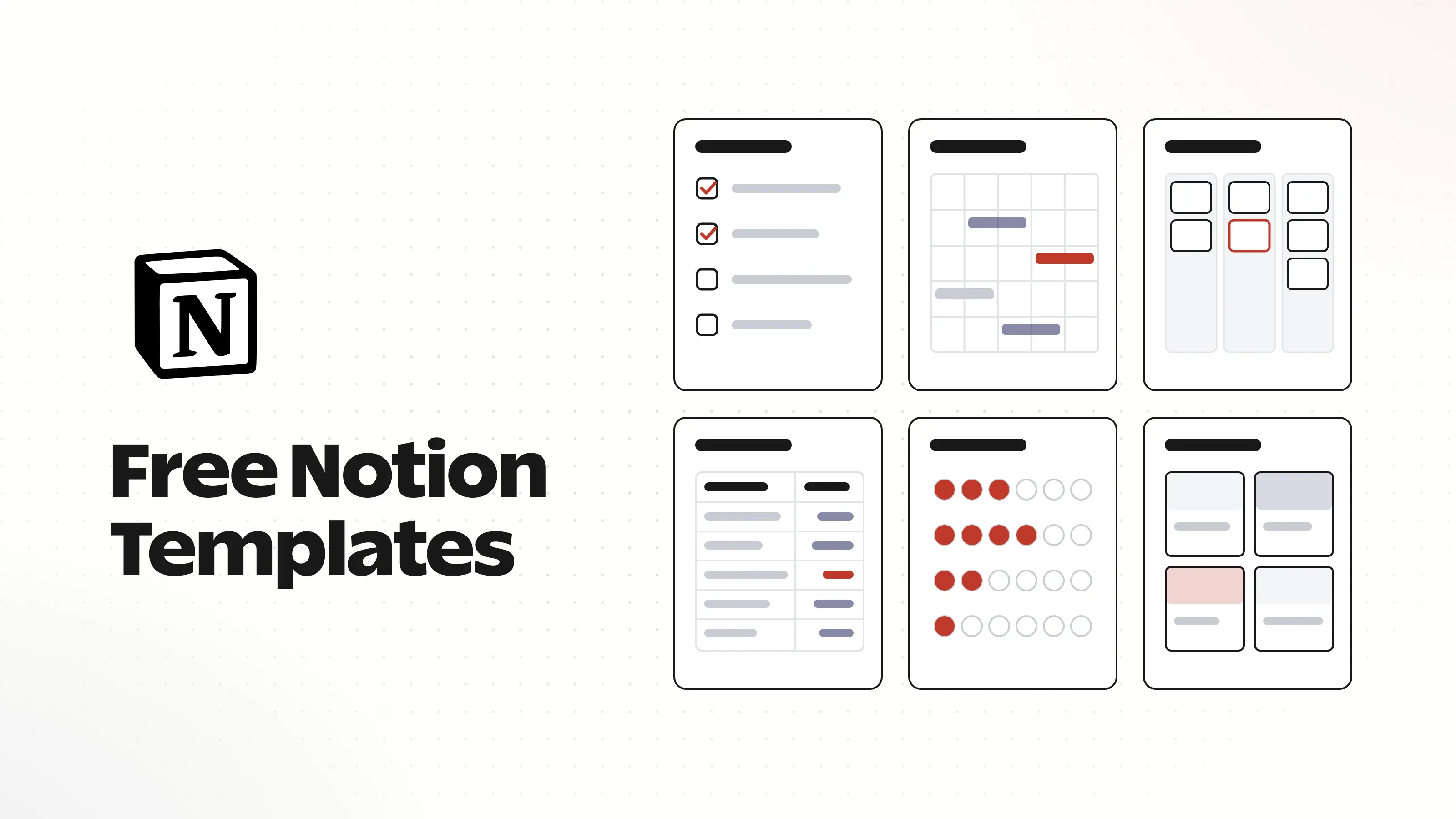 Notion logo beside six template layouts: a checklist, a calendar, a board, a table, a habit grid and a gallery