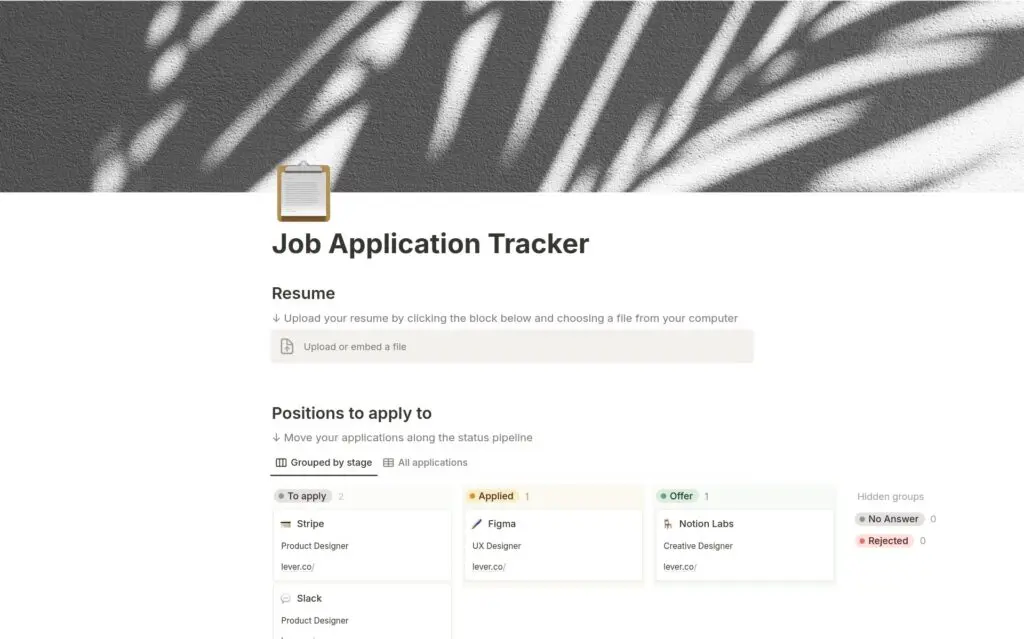 Job Application Tracker template with a resume upload block and applications on a board from To apply to Offer
