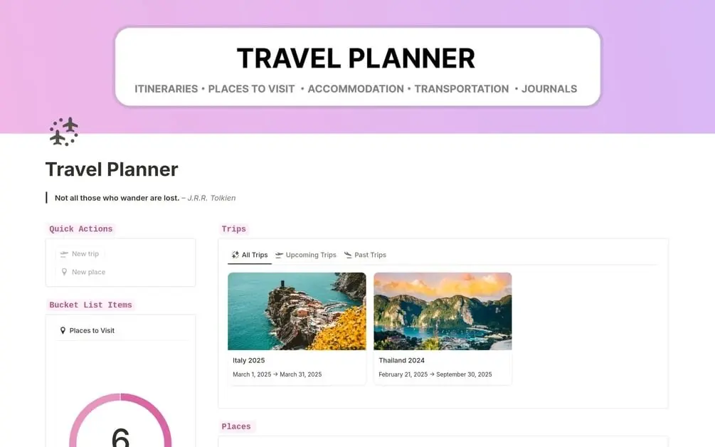 Notion Travel Planner with quick actions, a bucket list progress ring and a Trips gallery of upcoming and past trips