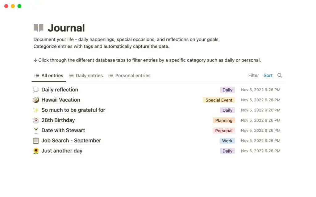 Journal template with dated entries tagged Daily, Special Event, Planning, Personal and Work