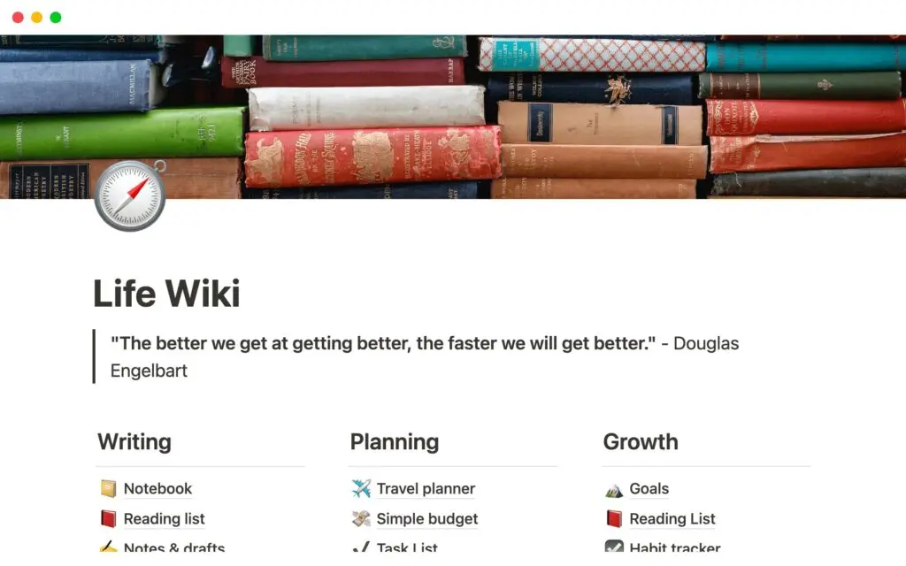 Life Wiki home page with Writing, Planning and Growth sections linking to a notebook, reading list, travel planner, budget, goals and habit tracker