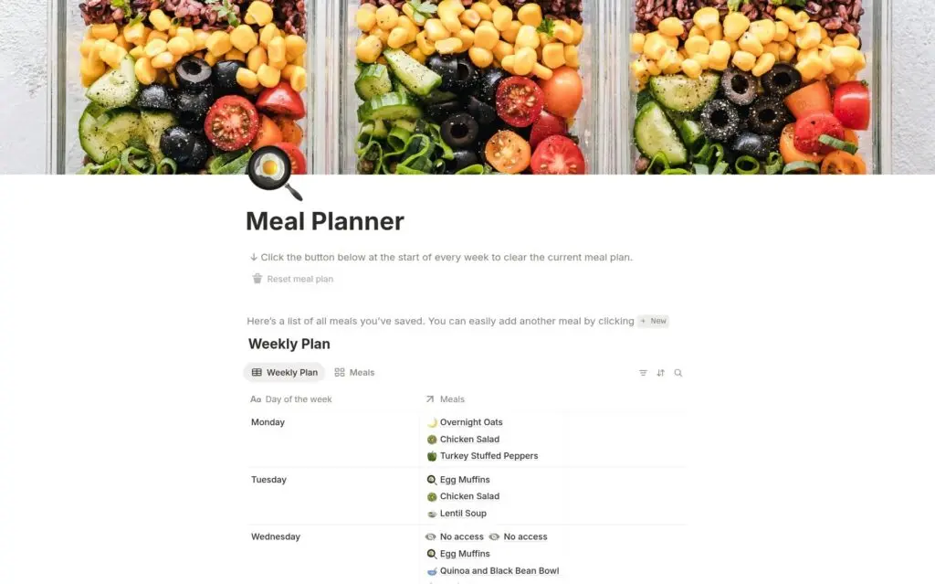 Meal planner template with a weekly plan listing the saved meals for each day