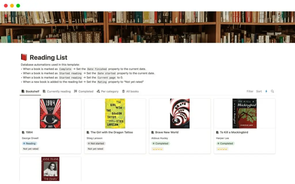 Reading list template showing books on a bookshelf gallery with author, reading status and rating