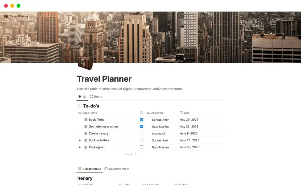Travel planner template with a trip to-do list showing assignees and due dates above the itinerary