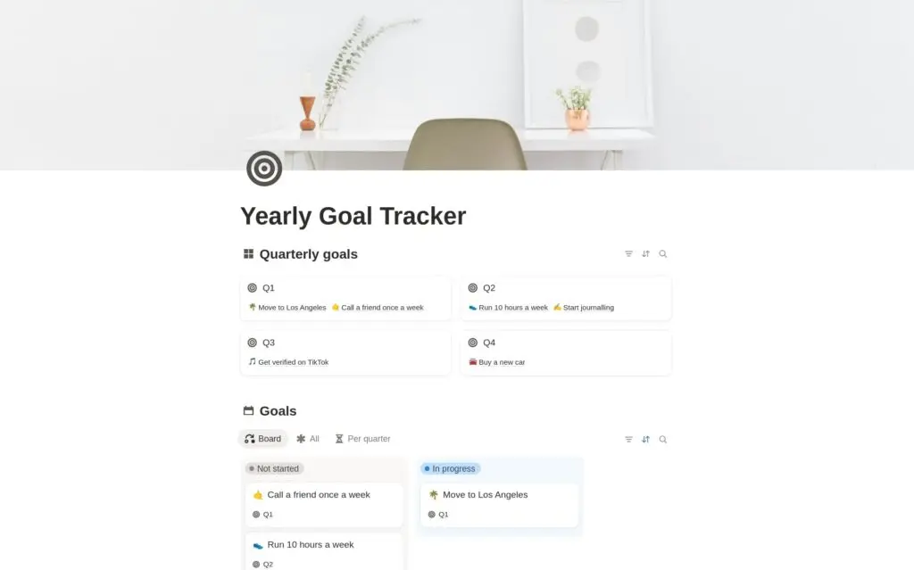 Yearly Goal Tracker template with quarterly goals for Q1 to Q4 above a goals board grouped by status