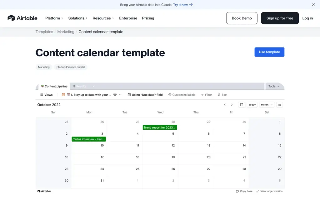 Airtable content calendar template preview showing a monthly calendar with scheduled posts