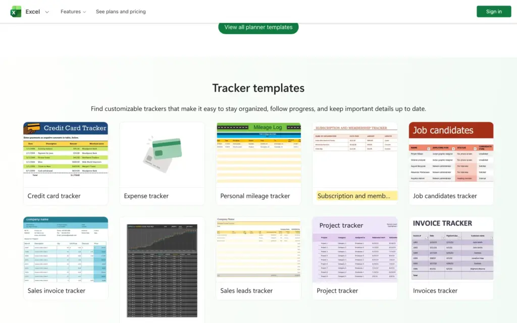 Microsoft Excel tracker templates gallery with the subscription and membership tracker highlighted