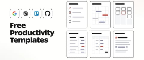 Free productivity templates cover with Google, Notion, Trello and GitHub marks beside checklist, calendar, board, table, spreadsheet and Markdown note layouts